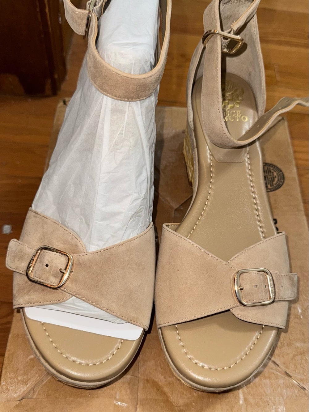 NWT Vince Camuto shoes Womenβs Beige Suede Ankle-Strap Wedge Sandals
